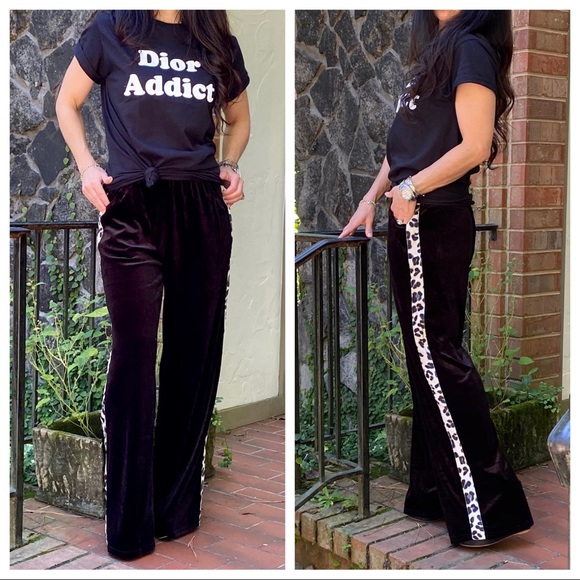 BLACK VELVET WIDE LEG PANTS W/LEOPARD SIDE TRIM - Picture 2 of 16